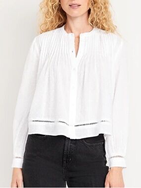 Old Navy Size L Long Sleeve-White-Swiss Dot-Ladder Trim- Pin-tuck Bohemian Top